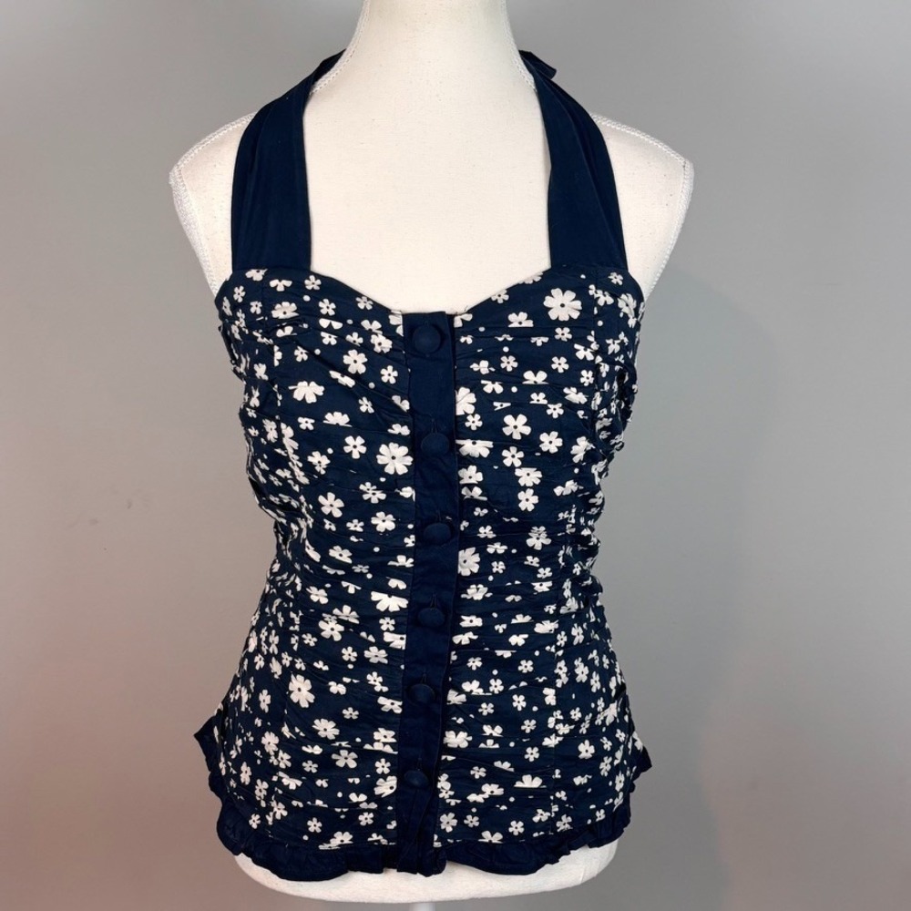 Vintage Fashion Bug Womens Navy Floral Corset Halter Top SM Fairy Coquette Y2K